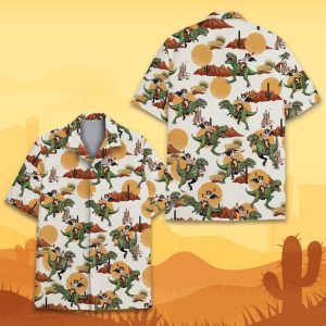 Funny Cowgirl Riding Dinosaur Hawaiian Shirt for Men Women Youth, Western Rodeo T-Rex Button Down Shirt