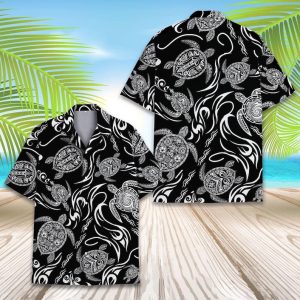 Tribal Sea Turtle Hawaiian Shirt for Men Women Youth, Black White Polynesian Ocean Tattoo Print