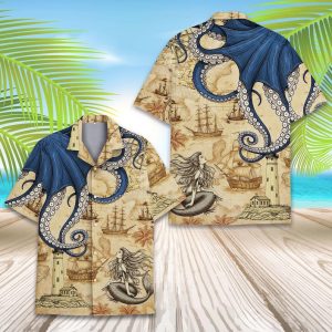 Mermaid and octopus Vintage Nautical Hawaiian Shirt, Sea Map Octopus Pirate Shirt for Men Women