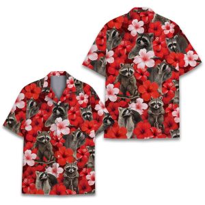 Tropical Raccoon Hawaiian Shirt for Men Women Youth, Hibiscus Raccoon Print